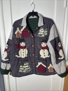 Vtg Patch Magic XL Jacket Quilted Snowmen Applique Reversible Plaid Christmas